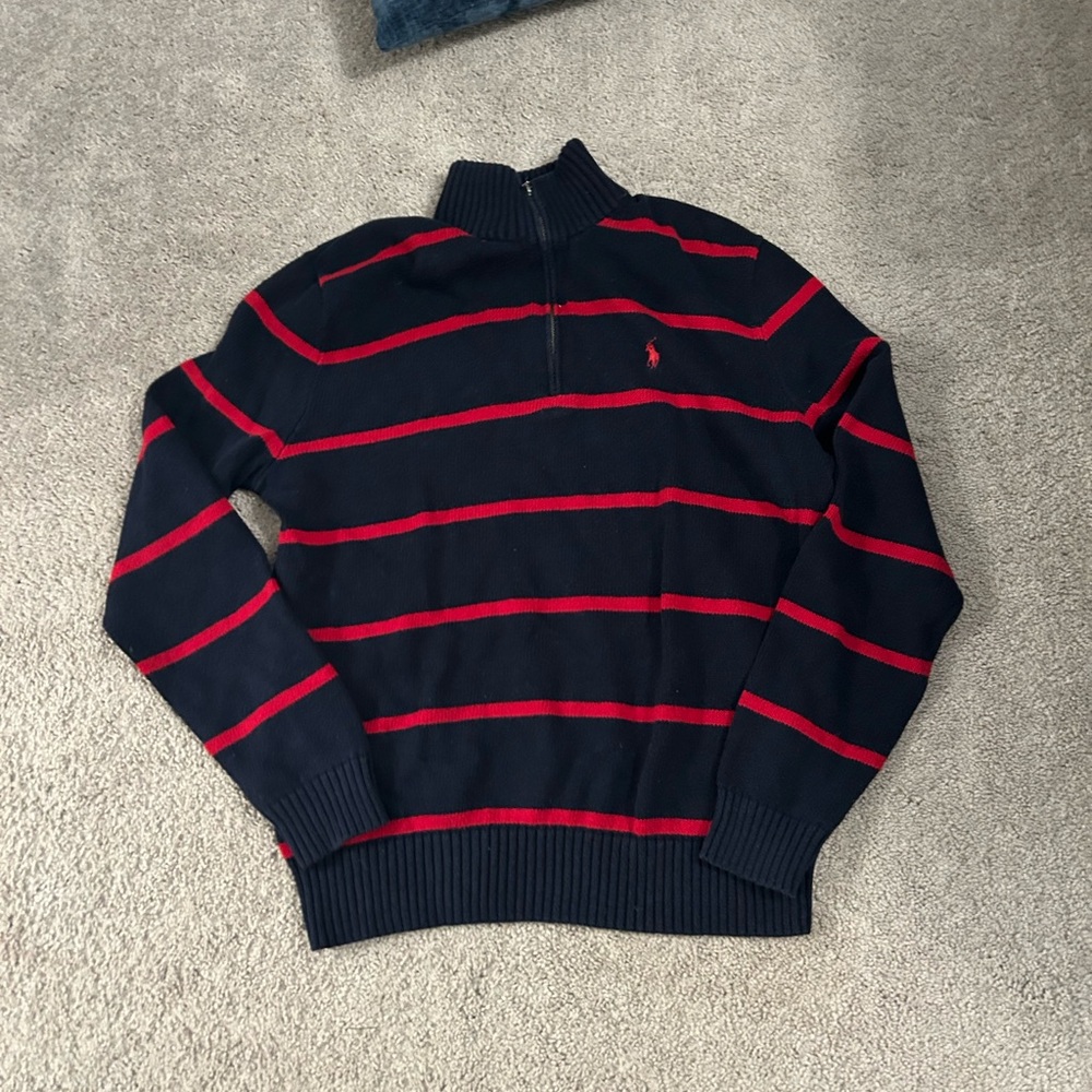 Ralph Lauren Navy and Red Striped Zip-Up Sweater